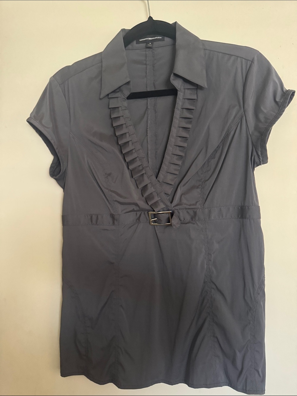 Express Gray Ruffle V-Neck Belted Tunic